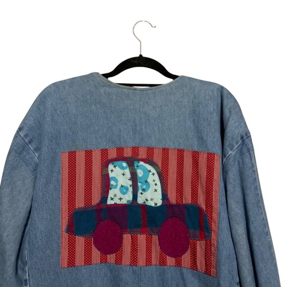 VTG Denim Barn Coat Jacket OOAK Patches Car Appliqué Plaid Lining OS Grandma Y2K - Picture 2 of 14